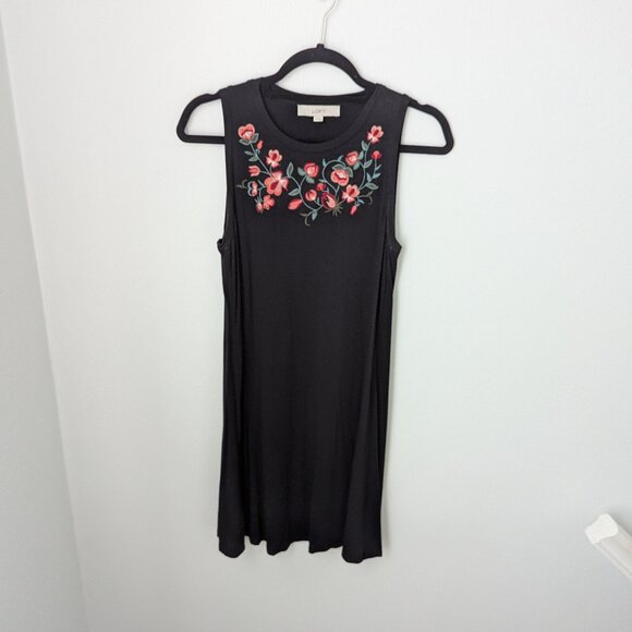 Loft Women's Black with Embroidered Floral Sleeveless Dress, XS - Picture 1 of 4